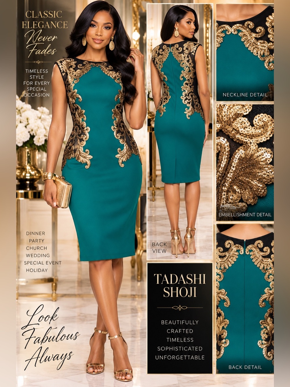 Tadashi Shoji Teal Midi Dress with Gold Sequin Embroidery